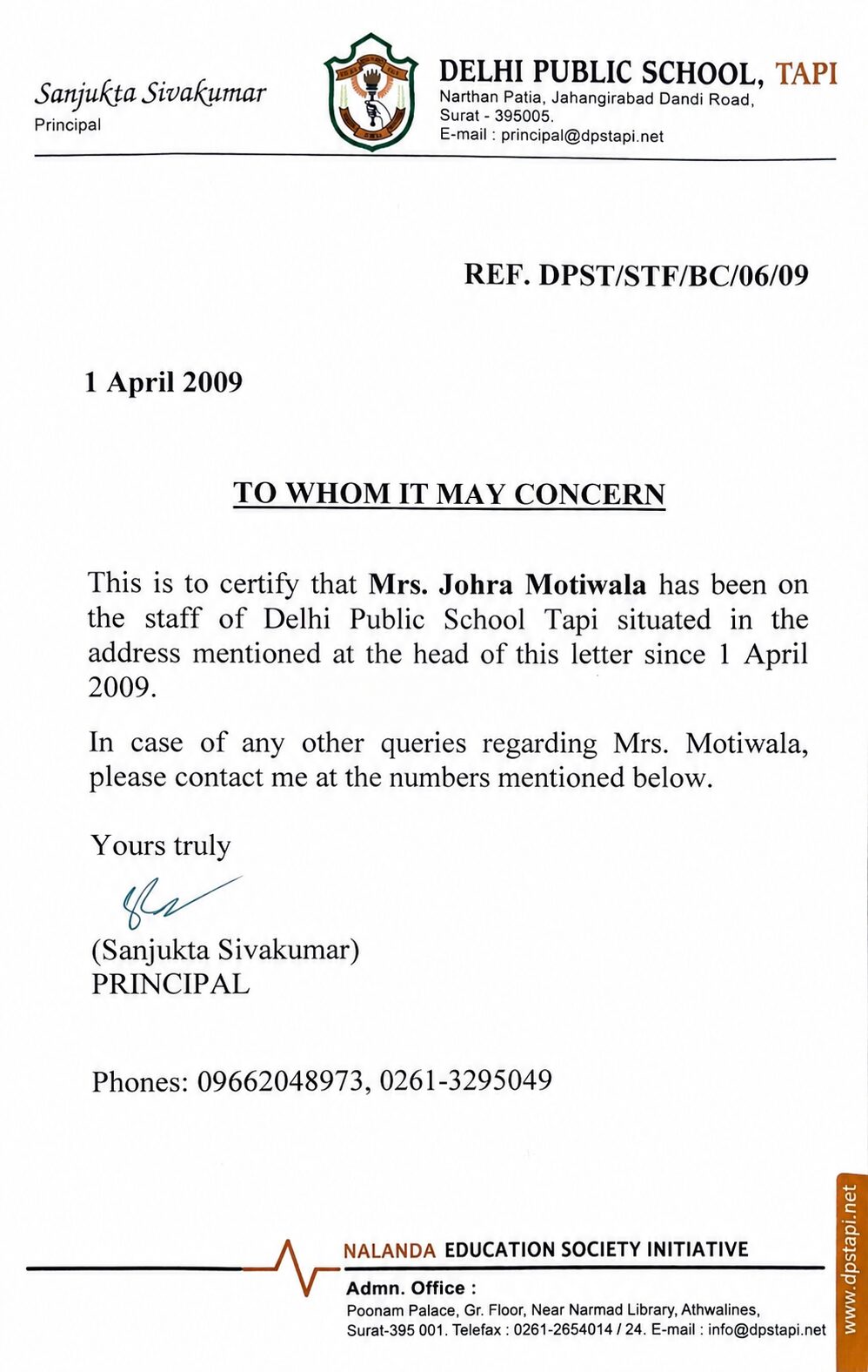 Delhi Public School — Experience Letter
