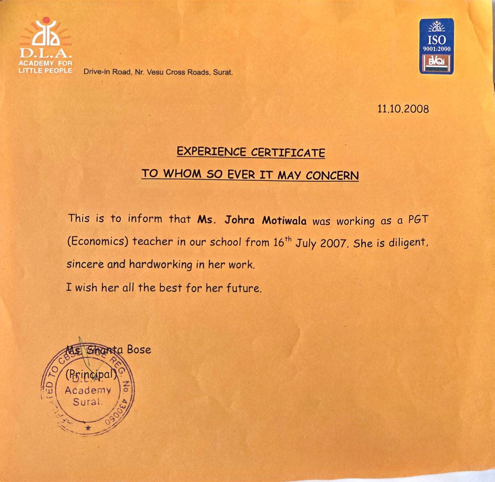 DLA Academy — Experience Certificate
