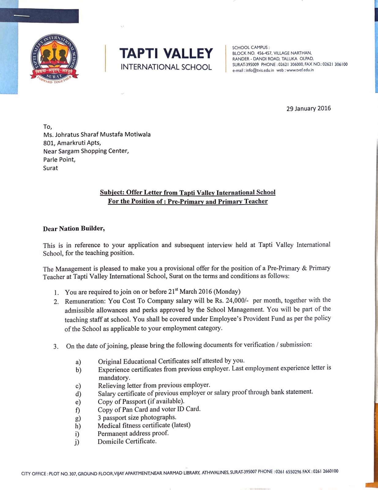 Tapti Valley International School — Offer Letter